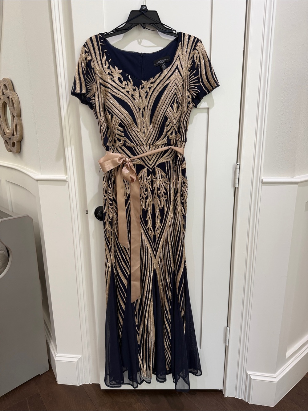 R&M Richards Navy Dress with Gold sequin Embroidery and Satin Tie
